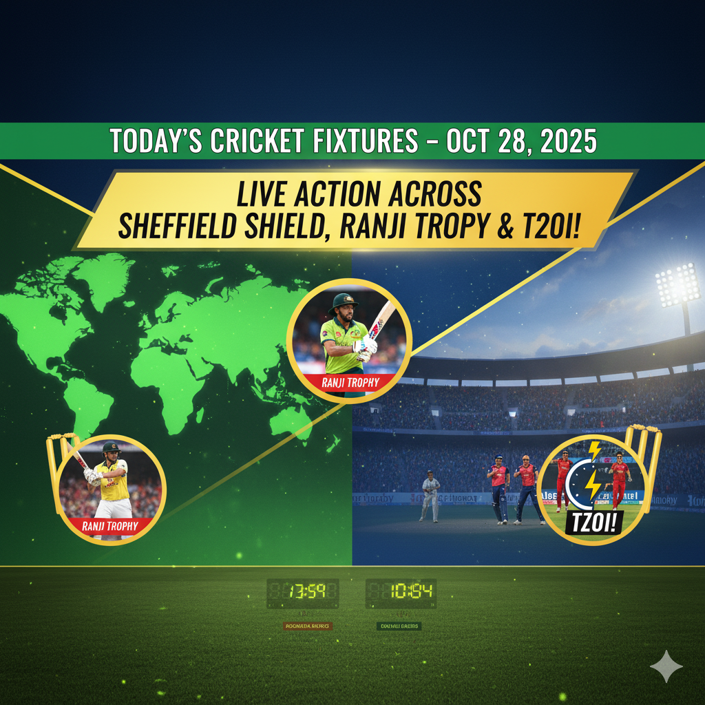 Today’s Cricket Fixtures & Match Timings – Sheffield Shield, Ranji Trophy, and International Action (Oct 28, 2025)